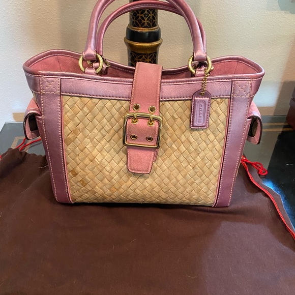COACH STRAW/LEATHER HANDBAG PREOWNED Pink/tan - Picture 3 of 10